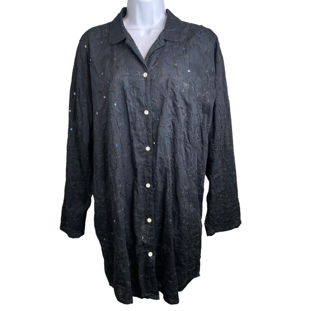 Graham Kandiah Black Shirt Dress‎ Size L Embroidered Moto Boho Flowy Lagenlook